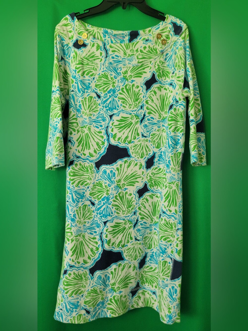 Lilly Pulitzer Green, Blue & White Floral Boatneck Shift Dress Stretch Sz Small